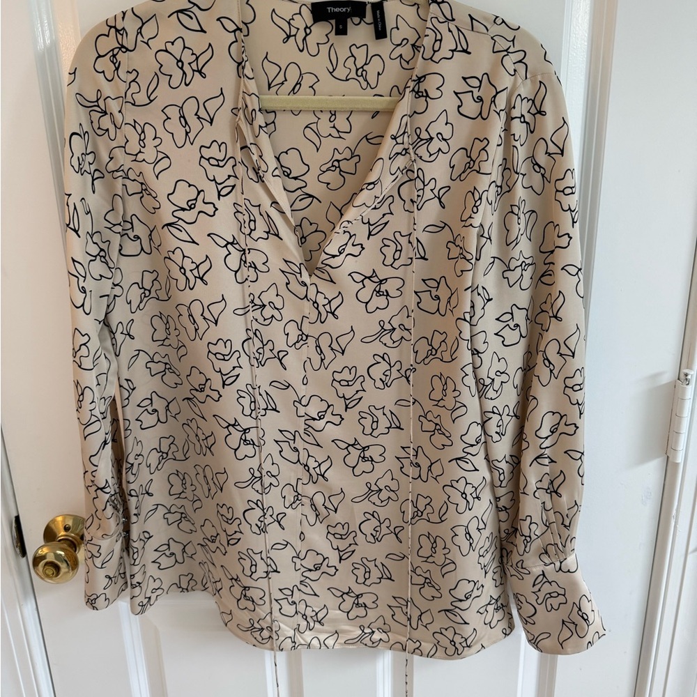 Theory Women's Tan Blouse with Dark Floral Design